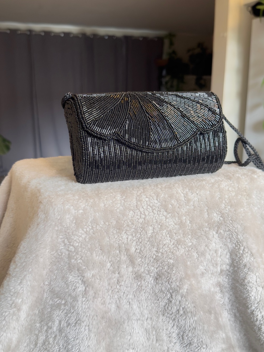 VTG Sasha New York Hand Beaded Black Flap Clutch